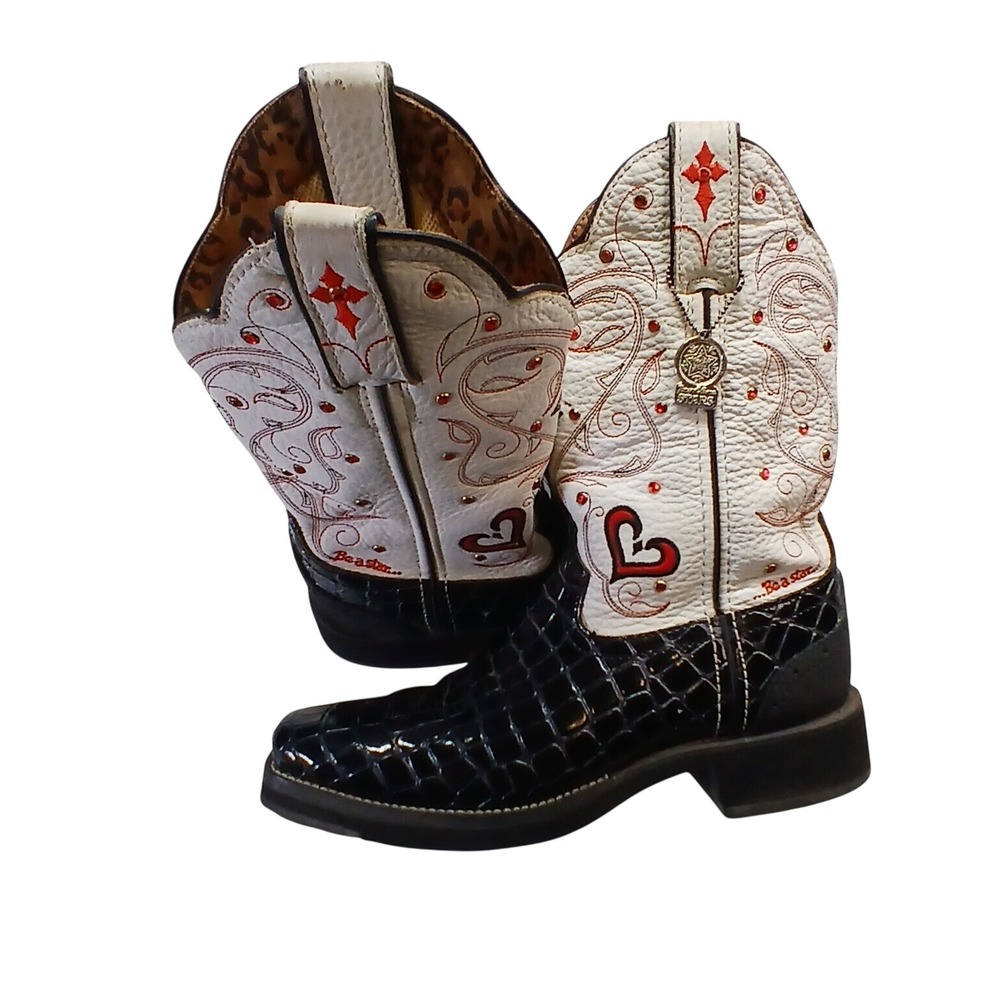 Tony Lama Be A Star Western Boots Black Croc White Leather Heart Cross ST1004N
